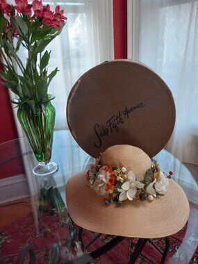 VINTAGE 1970 ADOLFO II SAKS FIFTH AVENUE STRAW KENTUCKY DERBY FLORAL HAT